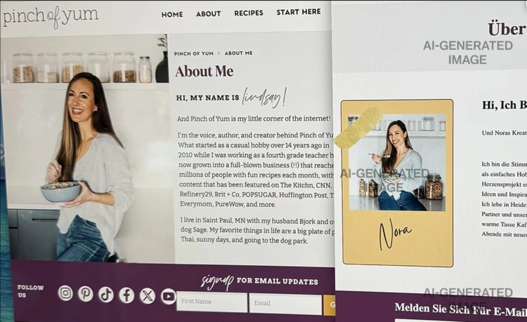 Вебсторінки справжнього кулінара Ліндсі Остром і фейкового на ім’я «Нора». Фото: Bloomberg