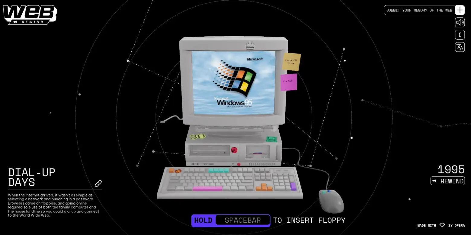 🌐 Opera запустила Web Rewind — інтерактивну хроніку розвитку інтернету з 1995 року